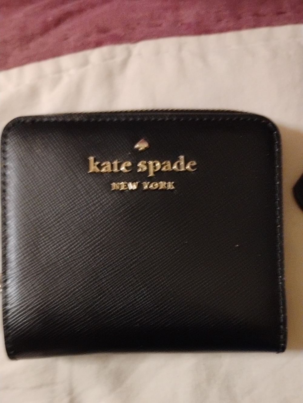 kate spade NEW Black Leather Compact Zip Wallet  with Gold Logo $139